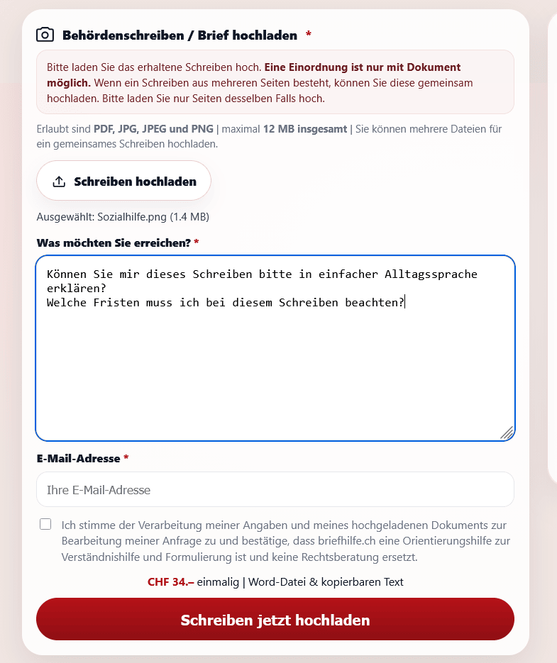 Uploadformular von briefhilfe.ch mit hochgeladenem Behördenschreiben und Fragefeld