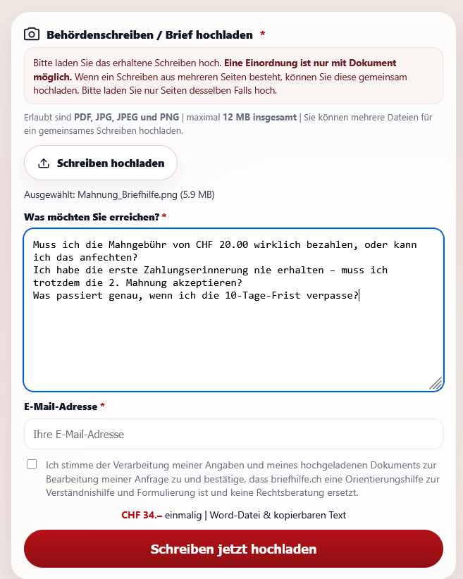 Formular zum Hochladen eines Schreibens bei briefhilfe.ch