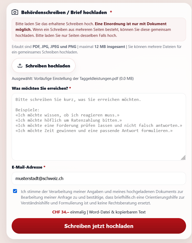 Uploadformular auf briefhilfe.ch – Schreiben hochladen und Ziel angeben