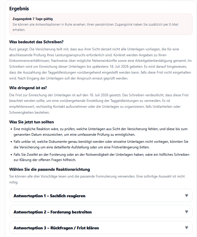 Auswertungsseite – Erklärung des Schreibens in Alltagssprache mit Einordnung der Dringlichkeit