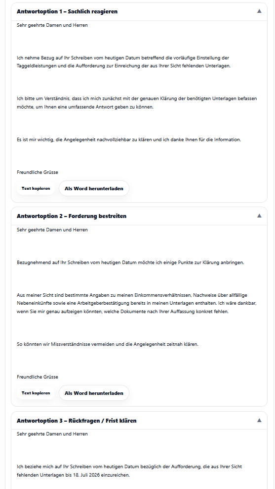 Drei Antwortvarianten auf briefhilfe.ch – sachlich, bestreiten, Rückfragen