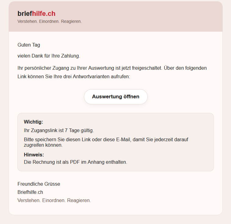 E-Mail von briefhilfe.ch mit Zugangslink zur Auswertung – 7 Tage gültig