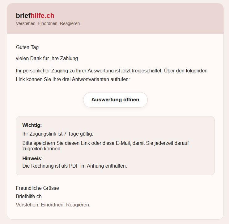 E-Mail von briefhilfe.ch mit Link zur Auswertung