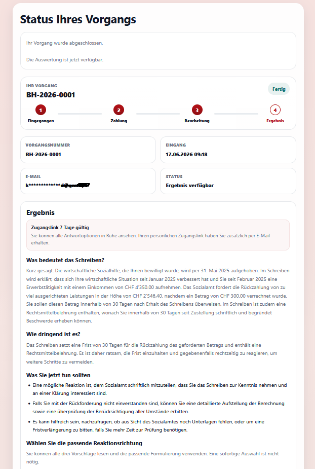 Verständliche Briefhilfe-Auswertung mit Erklärung und Einordnung der Dringlichkeit