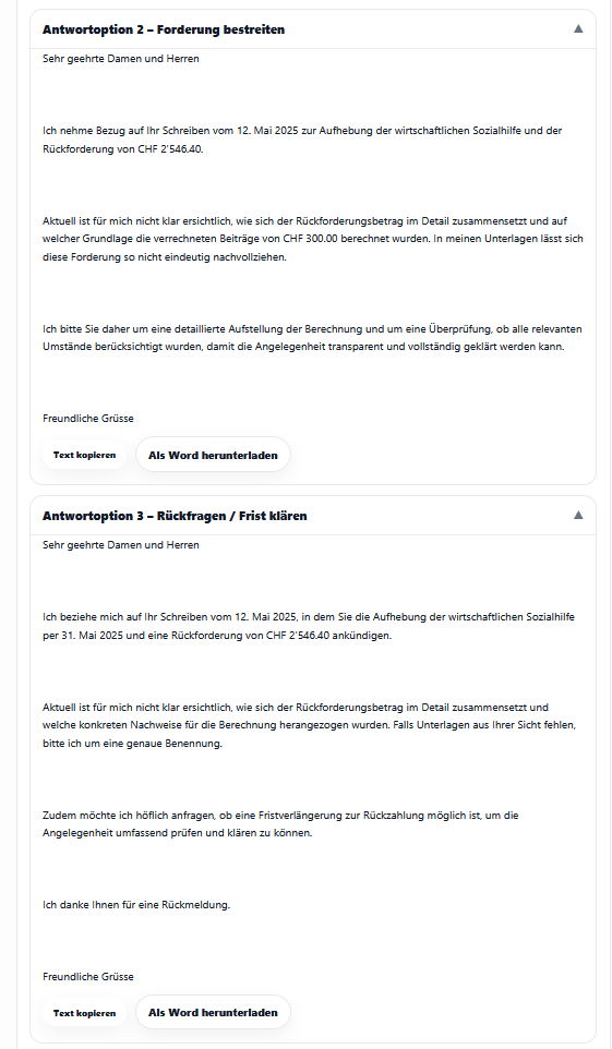 Antwortoptionen zum Behördenschreiben als kopierbarer Text und Word-Datei