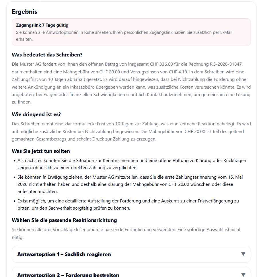 Verständliche Erklärung des Schreibens inklusive Dringlichkeit