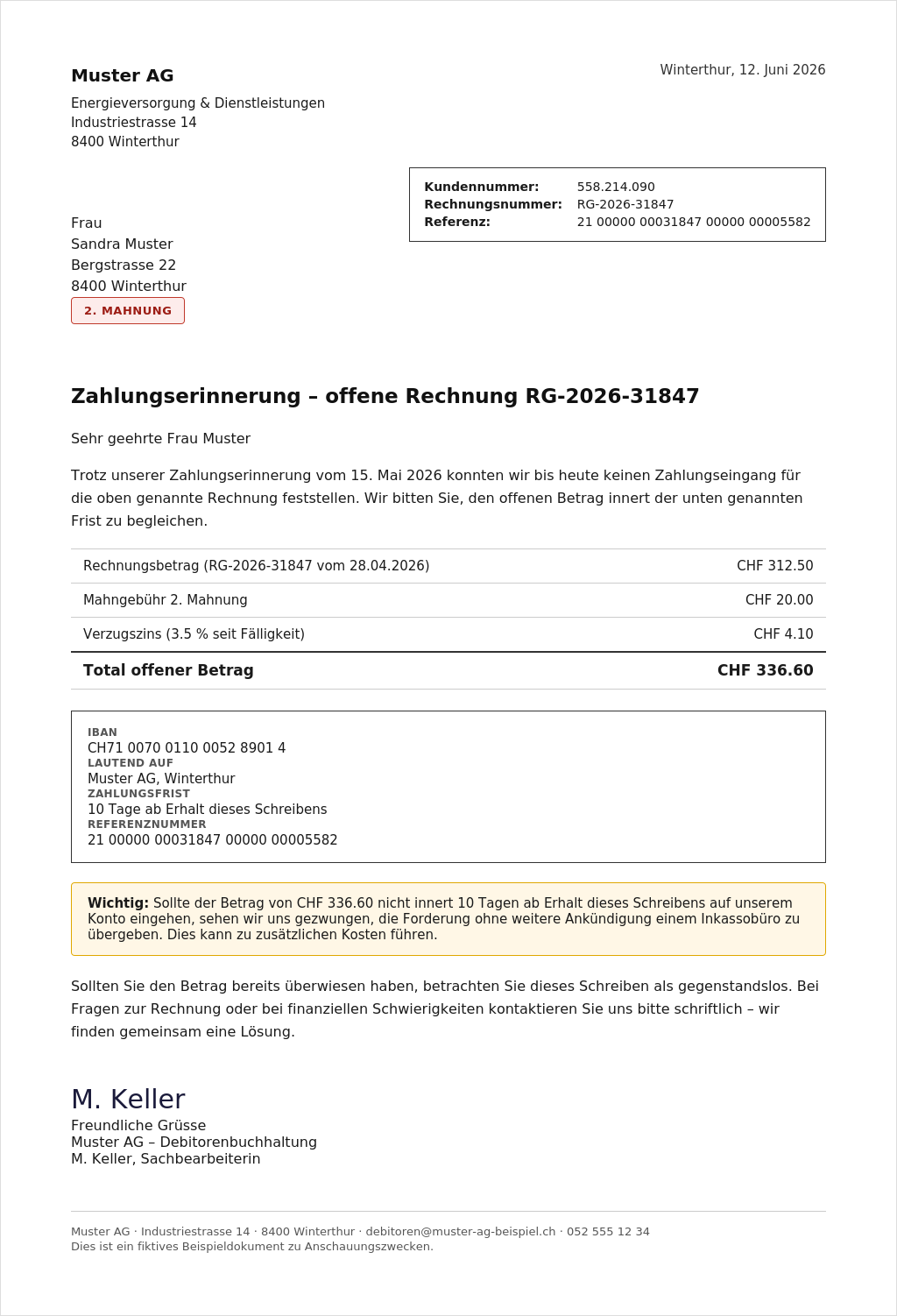 Beispiel einer Mahnstufe mit Mahngebühr, Verzugszins und 10-Tage-Frist