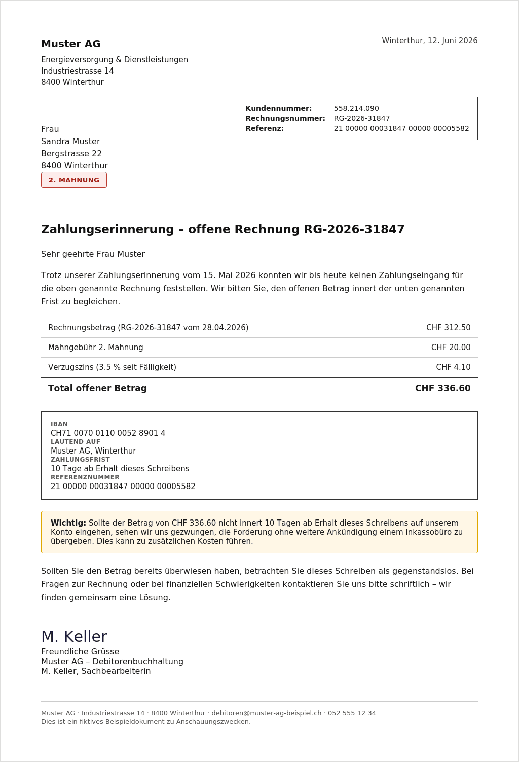 Beispiel einer Mahnstufe mit Mahngebühr, Verzugszins und 10-Tage-Frist