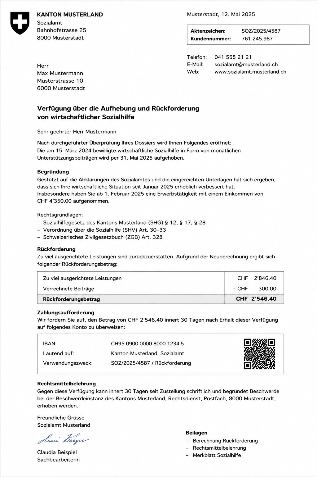 Fiktives Behördenschreiben als Beispiel für eine Verfügung mit Rückforderung von Sozialhilfe
