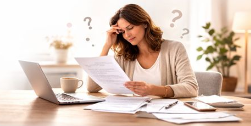 Frau liest einen Brief und wirkt unsicher, wie sie auf ein offizielles Schreiben reagieren soll